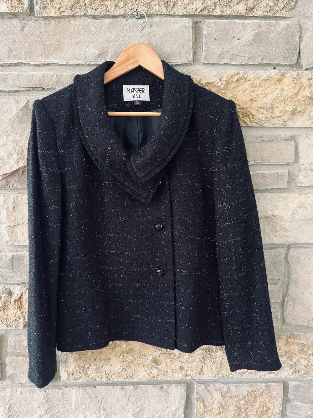 Kasper A.S.L. Black Textured Tweed Shawl Collar Fringe Trim Blazer Size 12